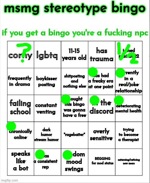 msmg stereotype bingo | image tagged in msmg stereotype bingo | made w/ Imgflip meme maker