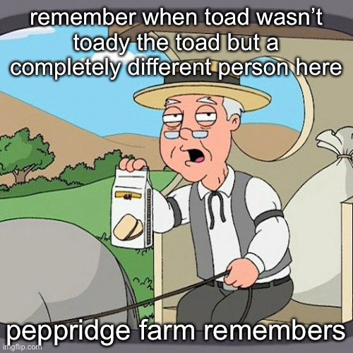 Pepperidge Farm Remembers | remember when toad wasn’t toady the toad but a completely different person here; peppridge farm remembers | image tagged in memes,pepperidge farm remembers | made w/ Imgflip meme maker