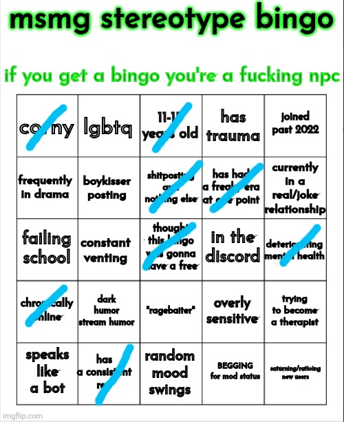 farts a greasy one | image tagged in msmg stereotype bingo | made w/ Imgflip meme maker
