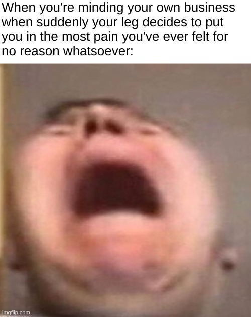 pain | When you're minding your own business
when suddenly your leg decides to put
you in the most pain you've ever felt for
no reason whatsoever: | image tagged in pain,relatable,oh god why | made w/ Imgflip meme maker