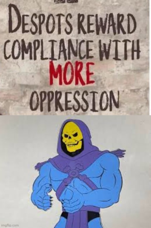 Compliance is rewarded with Opression | image tagged in skeletor explains,oppression | made w/ Imgflip meme maker