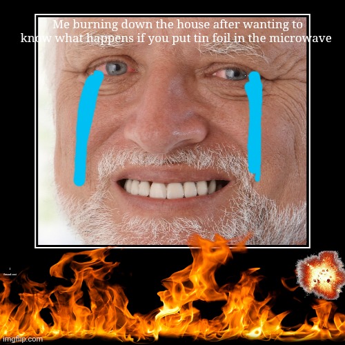 Me burning down the house after wanting to know what happens if you put tin foil in the microwave | I found out | image tagged in funny,demotivationals | made w/ Imgflip demotivational maker