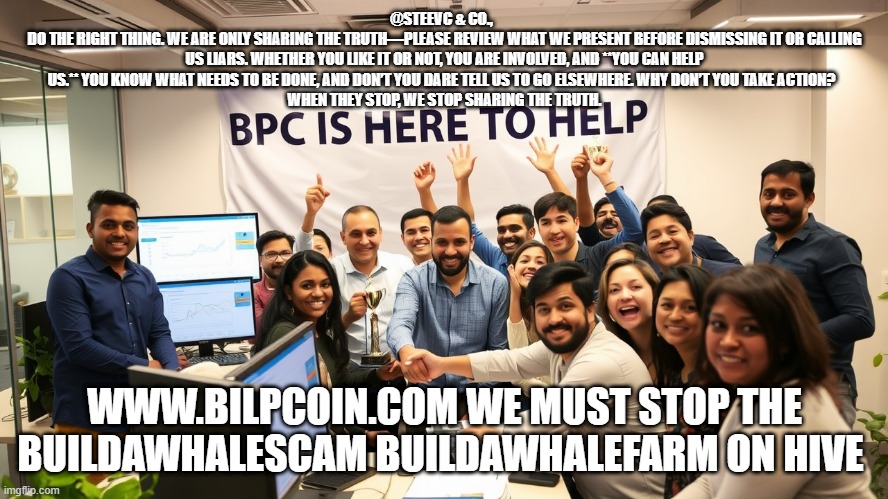 @STEEVC & CO.,  
DO THE RIGHT THING. WE ARE ONLY SHARING THE TRUTH—PLEASE REVIEW WHAT WE PRESENT BEFORE DISMISSING IT OR CALLING US LIARS. WHETHER YOU LIKE IT OR NOT, YOU ARE INVOLVED, AND **YOU CAN HELP US.** YOU KNOW WHAT NEEDS TO BE DONE, AND DON’T YOU DARE TELL US TO GO ELSEWHERE. WHY DON’T YOU TAKE ACTION?  
WHEN THEY STOP, WE STOP SHARING THE TRUTH. WWW.BILPCOIN.COM WE MUST STOP THE BUILDAWHALESCAM BUILDAWHALEFARM ON HIVE | made w/ Imgflip meme maker