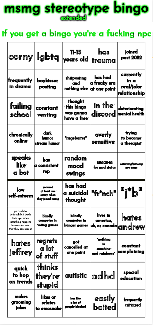 msmg stereotype bingo (extended) Blank Meme Template