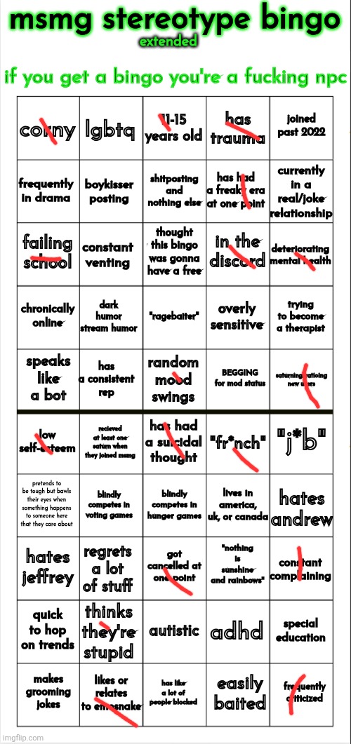 msmg stereotype bingo (extended) | image tagged in msmg stereotype bingo extended | made w/ Imgflip meme maker