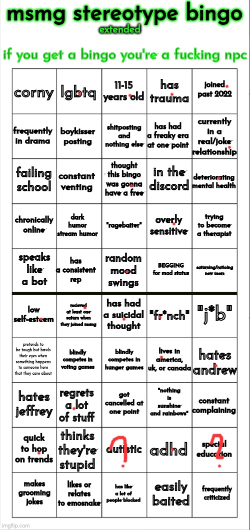 msmg stereotype bingo (extended) | image tagged in msmg stereotype bingo extended | made w/ Imgflip meme maker