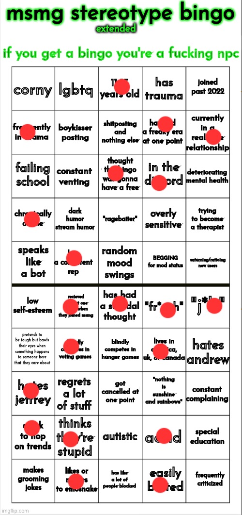 msmg stereotype bingo (extended) | image tagged in msmg stereotype bingo extended | made w/ Imgflip meme maker