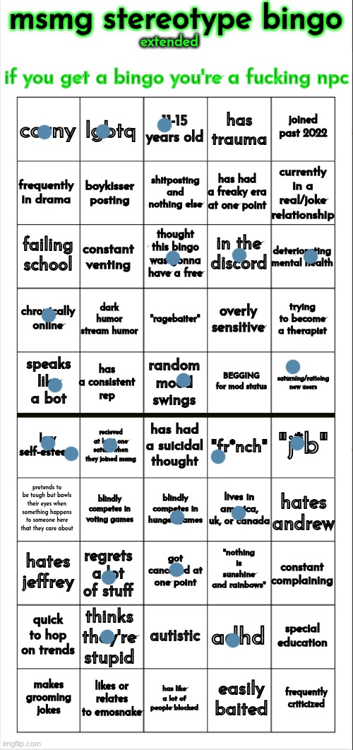 msmg stereotype bingo (extended) | image tagged in msmg stereotype bingo extended | made w/ Imgflip meme maker