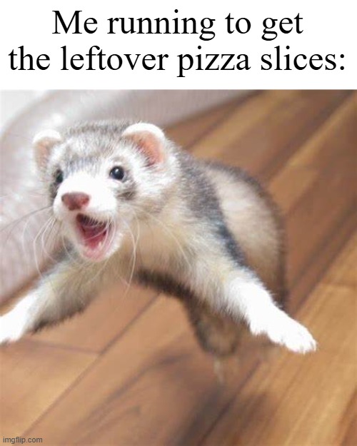 Especially the crust. | Me running to get the leftover pizza slices: | image tagged in jumping ferret,pizza | made w/ Imgflip meme maker