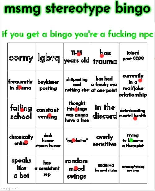 The one in green I have achieved | image tagged in msmg stereotype bingo | made w/ Imgflip meme maker