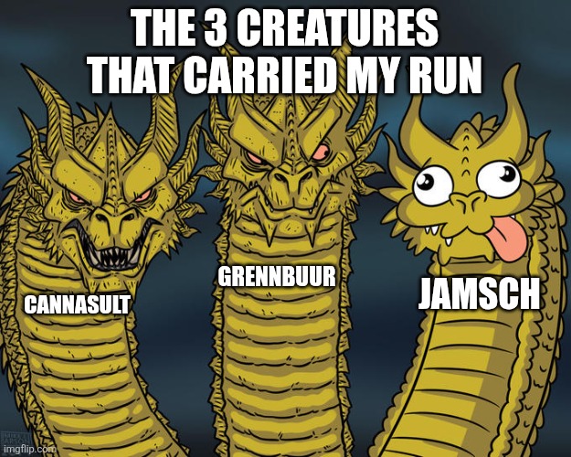 Patapon | THE 3 CREATURES THAT CARRIED MY RUN; GRENNBUUR; JAMSCH; CANNASULT | image tagged in three-headed dragon | made w/ Imgflip meme maker