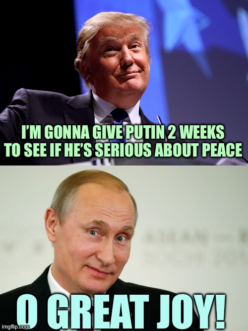whateva | I’M GONNA GIVE PUTIN 2 WEEKS TO SEE IF HE’S SERIOUS ABOUT PEACE; O GREAT JOY! | image tagged in donald trump no2,sarcastic putin,memes | made w/ Imgflip meme maker