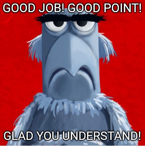 Sam Eagle Stern Face | GOOD JOB! GOOD POINT! GLAD YOU UNDERSTAND! | image tagged in sam eagle stern face | made w/ Imgflip meme maker