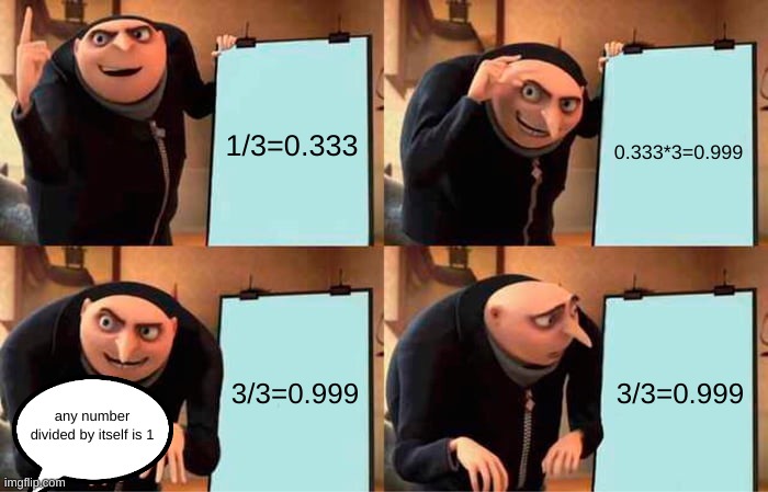 When the math isn't mathing | 1/3=0.333; 0.333*3=0.999; 3/3=0.999; 3/3=0.999; any number divided by itself is 1 | image tagged in memes,gru's plan,maths | made w/ Imgflip meme maker