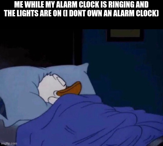 memes funny in every tag | ME WHILE MY ALARM CLOCK IS RINGING AND THE LIGHTS ARE ON (I DONT OWN AN ALARM CLOCK) | image tagged in sleepy donald duck in bed,memes,funny | made w/ Imgflip meme maker