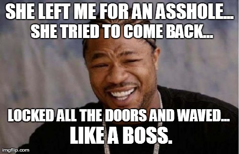 Yo Dawg Heard You | SHE LEFT ME FOR AN ASSHOLE... SHE TRIED TO COME BACK... LOCKED ALL THE DOORS AND WAVED...  LIKE A BOSS. | image tagged in memes,yo dawg heard you | made w/ Imgflip meme maker