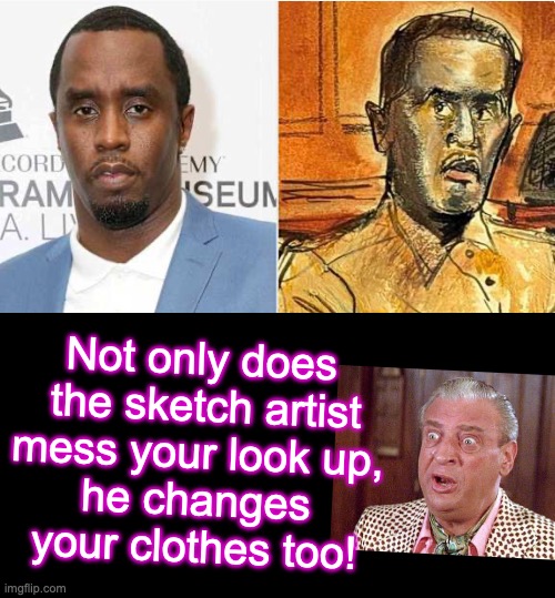 I guess they can't find work in legit art field | Not only does
 the sketch artist
 mess your look up, 
he changes your clothes too! | image tagged in black box,p diddy,rodney dangerfield,courtroom,sketch,funny memes | made w/ Imgflip meme maker