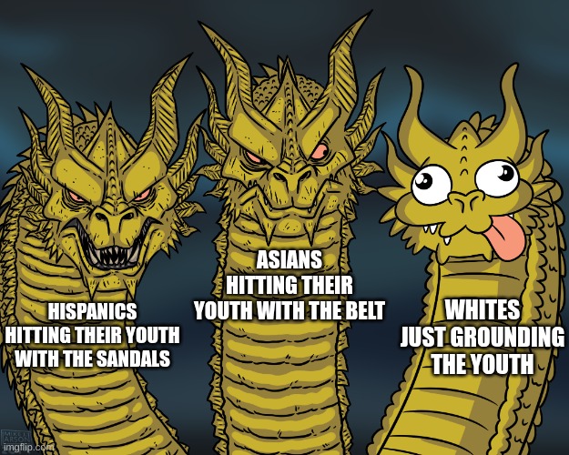 King Ghidorah | ASIANS HITTING THEIR YOUTH WITH THE BELT; WHITES JUST GROUNDING THE YOUTH; HISPANICS HITTING THEIR YOUTH WITH THE SANDALS | image tagged in king ghidorah,asian stereotypes | made w/ Imgflip meme maker