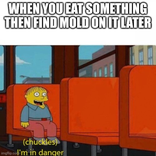 Uh oh | WHEN YOU EAT SOMETHING THEN FIND MOLD ON IT LATER | image tagged in chuckles i m in danger,uh oh,moldy,gross | made w/ Imgflip meme maker