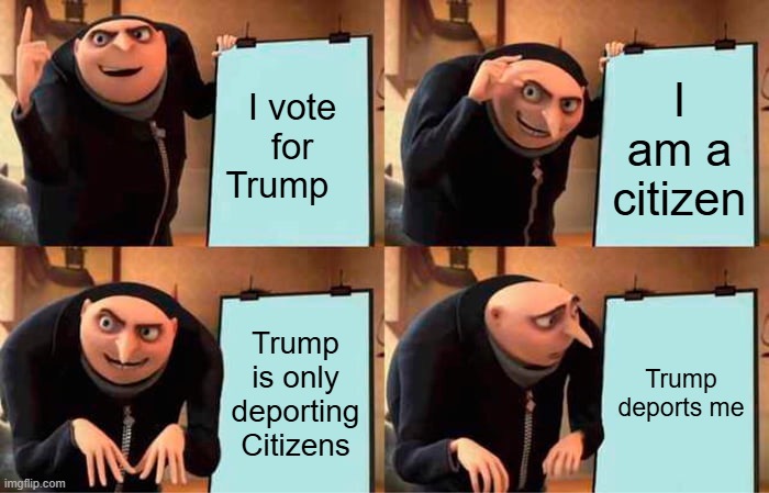 Habeas Corpus | I vote for Trump; I am a citizen; Trump is only deporting Citizens; Trump deports me | image tagged in memes,gru's plan | made w/ Imgflip meme maker