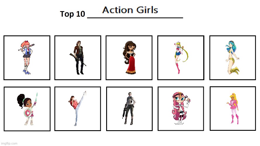 My Top 10 Action Girls | image tagged in anime,sailor moon,resident evil,nickelodeon,girl,disney plus | made w/ Imgflip meme maker