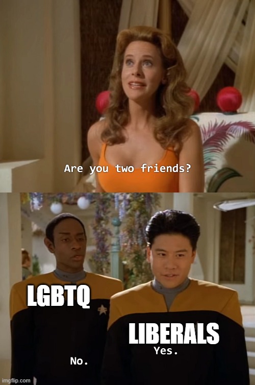 Are you two friends? | LGBTQ; LIBERALS | image tagged in are you two friends,lgbt,liberal | made w/ Imgflip meme maker