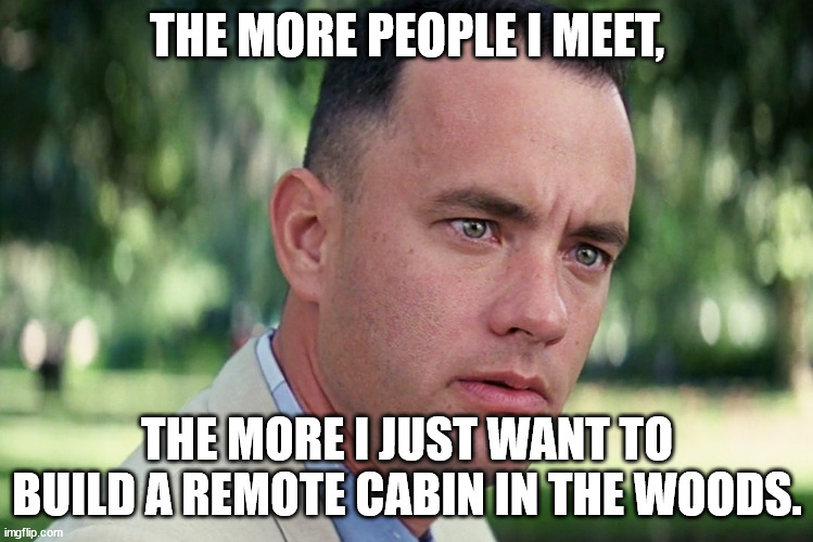 Build a cabin | THE MORE PEOPLE I MEET, THE MORE I JUST WANT TO BUILD A REMOTE CABIN IN THE WOODS. | image tagged in memes,and just like that,peaceful,no drama | made w/ Imgflip meme maker