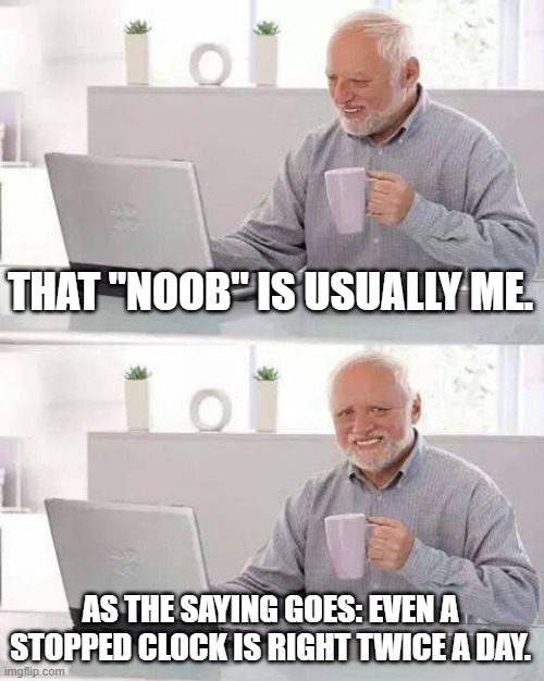 Hide the Pain Harold Meme | THAT "NOOB" IS USUALLY ME. AS THE SAYING GOES: EVEN A STOPPED CLOCK IS RIGHT TWICE A DAY. | image tagged in memes,hide the pain harold | made w/ Imgflip meme maker