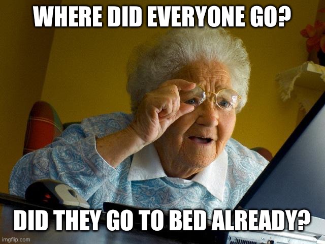 Sans of the topic | WHERE DID EVERYONE GO? DID THEY GO TO BED ALREADY? | image tagged in memes,grandma finds the internet | made w/ Imgflip meme maker