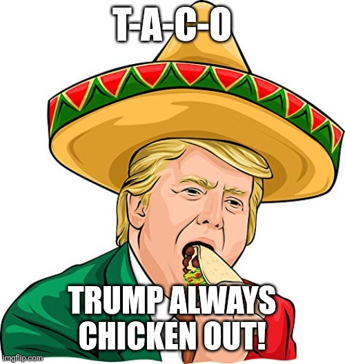 Taco | T-A-C-O; TRUMP ALWAYS CHICKEN OUT! | image tagged in trump,donald trump,maga,trump supporter,nevertrump,trump sucks | made w/ Imgflip meme maker