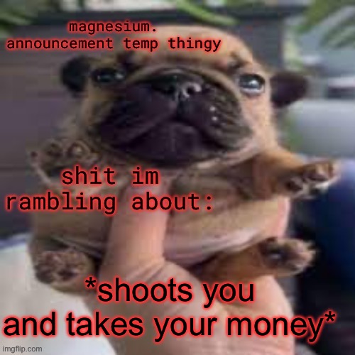 im overstimulated for some reason | *shoots you and takes your money* | image tagged in pug temp | made w/ Imgflip meme maker