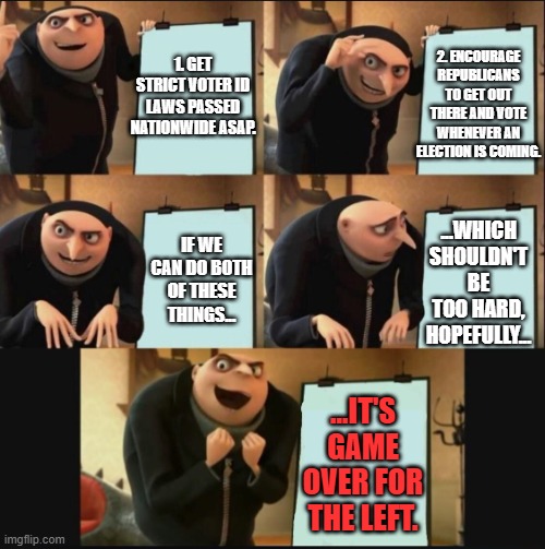 1. GET STRICT VOTER ID LAWS PASSED NATIONWIDE ASAP. 2. ENCOURAGE REPUBLICANS TO GET OUT THERE AND VOTE WHENEVER AN ELECTION IS COMING. IF WE | image tagged in 5 panel gru meme | made w/ Imgflip meme maker