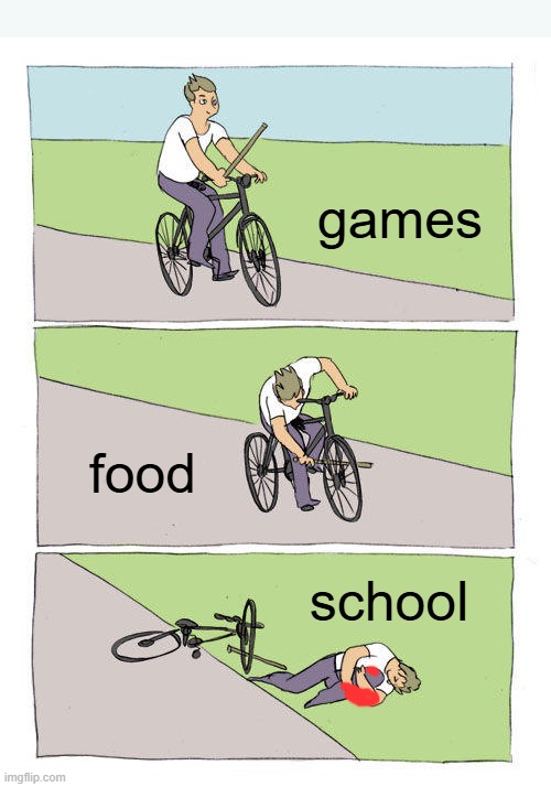 Bike Fall | games; food; school | image tagged in memes,bike fall | made w/ Imgflip meme maker