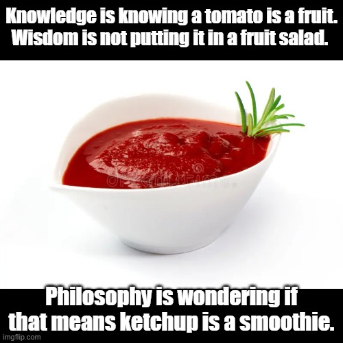 Is Ketchup a smoothie | Knowledge is knowing a tomato is a fruit.
Wisdom is not putting it in a fruit salad. Philosophy is wondering if that means ketchup is a smoothie. | image tagged in black square,ketchup,tomato,pun,fruit | made w/ Imgflip meme maker