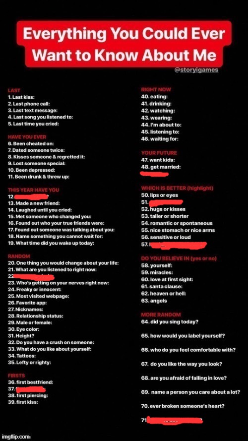 I scribbled over rude ones and the c*r**r one. Don't ask why | image tagged in everything you could ever want to know about me | made w/ Imgflip meme maker
