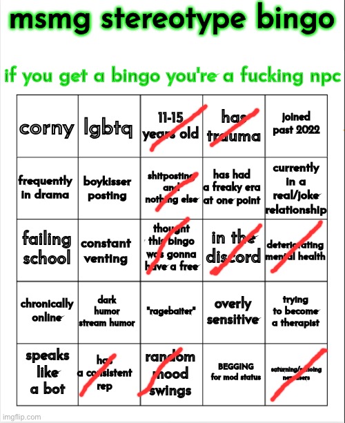 msmg stereotype bingo | image tagged in msmg stereotype bingo | made w/ Imgflip meme maker