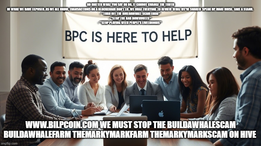 NO MATTER WHAT YOU SAY OR DO, IT CANNOT CHANGE THE TRUTH OF WHAT WE HAVE EXPOSED. AS WE ALL KNOW, TRANSACTIONS ON A BLOCKCHAIN DON’T LIE. WE URGE EVERYONE TO REVIEW WHAT WE’VE SHARED  SPEAK UP. MAKE NOISE. TAKE A STAND.  
- **TURN OFF THE BUILDAWHALE SCAM FARM**  
- **STOP THE BAD DOWNVOTES**  
- **STOP PLAYING WITH PEOPLE’S LIVELIHOODS**; WWW.BILPCOIN.COM WE MUST STOP THE BUILDAWHALESCAM BUILDAWHALEFARM THEMARKYMARKFARM THEMARKYMARKSCAM ON HIVE | made w/ Imgflip meme maker