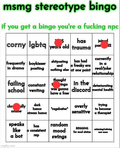 msmg stereotype bingo | image tagged in msmg stereotype bingo | made w/ Imgflip meme maker