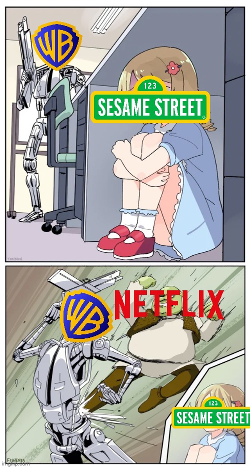 How low can David Zaslav go trying to kill off one of the most influential and iconic children’s show to ever exist | image tagged in shrek killing terminator,sesame street,warner bros discovery,warner bros,netflix,corporate greed | made w/ Imgflip meme maker