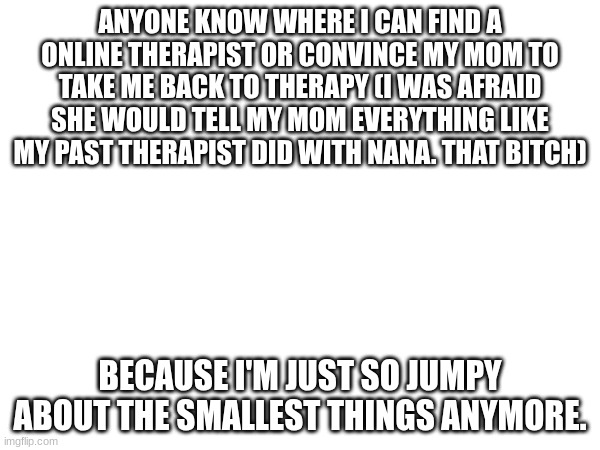 some of the stuff in comments | ANYONE KNOW WHERE I CAN FIND A ONLINE THERAPIST OR CONVINCE MY MOM TO TAKE ME BACK TO THERAPY (I WAS AFRAID SHE WOULD TELL MY MOM EVERYTHING LIKE MY PAST THERAPIST DID WITH NANA. THAT BITCH); BECAUSE I'M JUST SO JUMPY ABOUT THE SMALLEST THINGS ANYMORE. | made w/ Imgflip meme maker