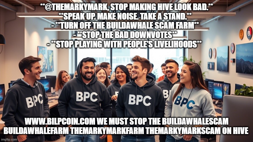 **@THEMARKYMARK, STOP MAKING HIVE LOOK BAD.**

**SPEAK UP. MAKE NOISE. TAKE A STAND.**  
- **TURN OFF THE BUILDAWHALE SCAM FARM**  
- **STOP THE BAD DOWNVOTES**  
- **STOP PLAYING WITH PEOPLE’S LIVELIHOODS**; WWW.BILPCOIN.COM WE MUST STOP THE BUILDAWHALESCAM BUILDAWHALEFARM THEMARKYMARKFARM THEMARKYMARKSCAM ON HIVE | made w/ Imgflip meme maker