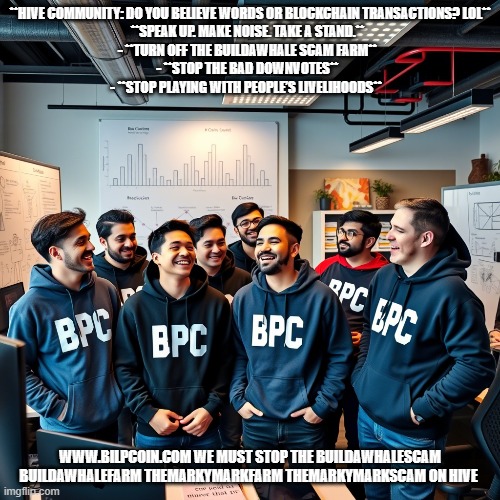 **HIVE COMMUNITY: DO YOU BELIEVE WORDS OR BLOCKCHAIN TRANSACTIONS? LOL**

**SPEAK UP. MAKE NOISE. TAKE A STAND.**  
- **TURN OFF THE BUILDAWHALE SCAM FARM**  
- **STOP THE BAD DOWNVOTES**  
- **STOP PLAYING WITH PEOPLE’S LIVELIHOODS**; WWW.BILPCOIN.COM WE MUST STOP THE BUILDAWHALESCAM BUILDAWHALEFARM THEMARKYMARKFARM THEMARKYMARKSCAM ON HIVE | made w/ Imgflip meme maker