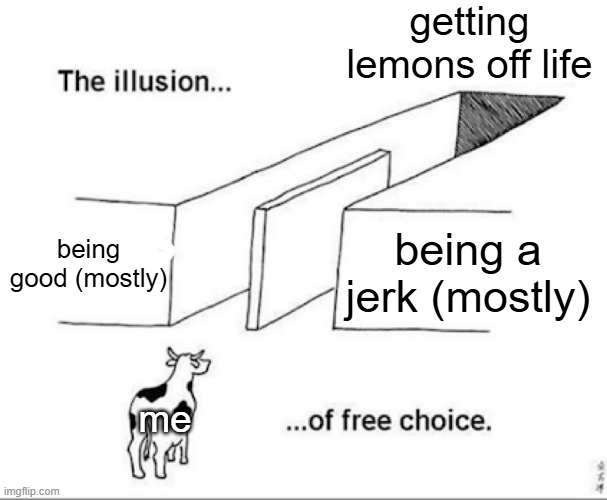 Only some folks will understand | getting lemons off life; being good (mostly); being a jerk (mostly); me | image tagged in illusion of free choice,funny,memes,injustice,jerks,good | made w/ Imgflip meme maker