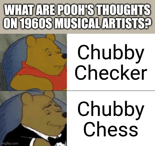 Tuxedo Winnie The Pooh | WHAT ARE POOH'S THOUGHTS ON 1960S MUSICAL ARTISTS? Chubby Checker; Chubby Chess | image tagged in memes,tuxedo winnie the pooh | made w/ Imgflip meme maker