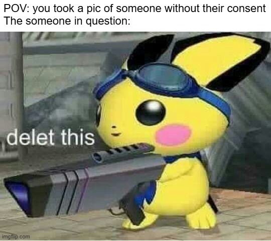 "Ya wanna violate my privacy?" -ahh someone in question | POV: you took a pic of someone without their consent
The someone in question: | image tagged in delet this pichu melee,funny,memes,photos,pokemon,what did i just see | made w/ Imgflip meme maker