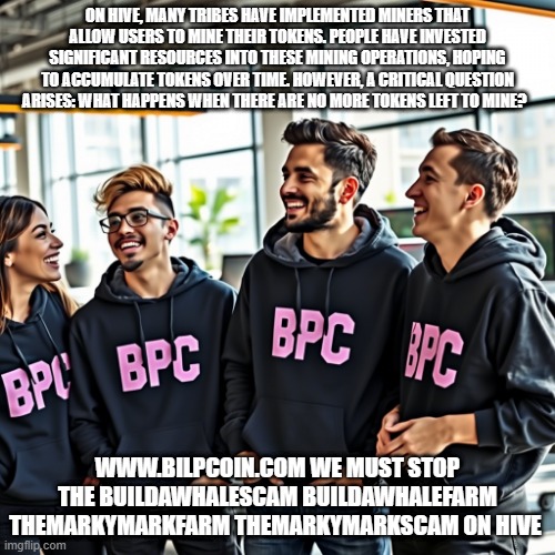 ON HIVE, MANY TRIBES HAVE IMPLEMENTED MINERS THAT ALLOW USERS TO MINE THEIR TOKENS. PEOPLE HAVE INVESTED SIGNIFICANT RESOURCES INTO THESE MINING OPERATIONS, HOPING TO ACCUMULATE TOKENS OVER TIME. HOWEVER, A CRITICAL QUESTION ARISES: WHAT HAPPENS WHEN THERE ARE NO MORE TOKENS LEFT TO MINE? WWW.BILPCOIN.COM WE MUST STOP THE BUILDAWHALESCAM BUILDAWHALEFARM THEMARKYMARKFARM THEMARKYMARKSCAM ON HIVE | made w/ Imgflip meme maker