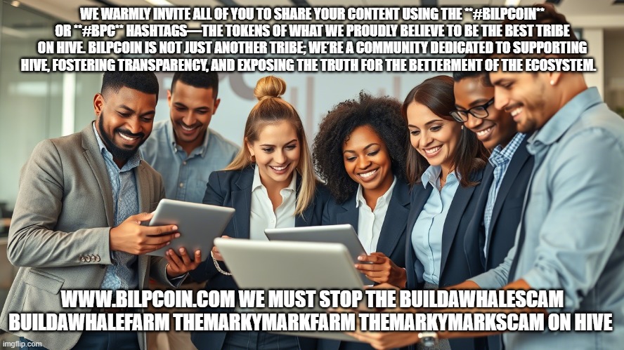 WE WARMLY INVITE ALL OF YOU TO SHARE YOUR CONTENT USING THE **#BILPCOIN** OR **#BPC** HASHTAGS—THE TOKENS OF WHAT WE PROUDLY BELIEVE TO BE THE BEST TRIBE ON HIVE. BILPCOIN IS NOT JUST ANOTHER TRIBE; WE’RE A COMMUNITY DEDICATED TO SUPPORTING HIVE, FOSTERING TRANSPARENCY, AND EXPOSING THE TRUTH FOR THE BETTERMENT OF THE ECOSYSTEM. WWW.BILPCOIN.COM WE MUST STOP THE BUILDAWHALESCAM BUILDAWHALEFARM THEMARKYMARKFARM THEMARKYMARKSCAM ON HIVE | made w/ Imgflip meme maker