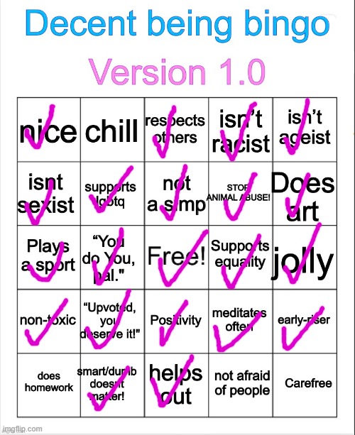 I GOT 4 BINGOS! I AM DECENT! | image tagged in decent being bingo | made w/ Imgflip meme maker