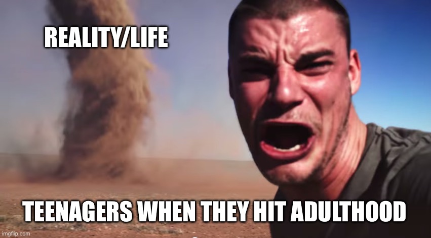 Here it comes | REALITY/LIFE; TEENAGERS WHEN THEY HIT ADULTHOOD | image tagged in here it comes,relateable,life | made w/ Imgflip meme maker