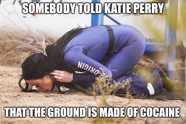 We all had it wrong | SOMEBODY TOLD KATIE PERRY; THAT THE GROUND IS MADE OF COCAINE | image tagged in katy perry kissing soil | made w/ Imgflip meme maker